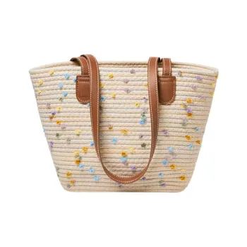 15 MINS Fabric, Synthetic Leather Tote Bag, Shoulder Bag Women's Ecru & Khaki/Ecru Multicolor Dots
