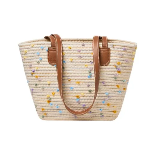 15 MINS Fabric, Synthetic Leather Tote Bag, Shoulder Bag Women's Ecru & Khaki/Ecru Multicolor Dots