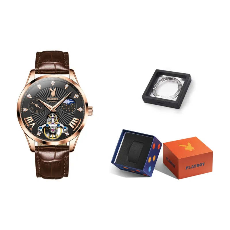 Playboy Mechanical Movement Leather Strap Watch Men's Watches Black Dial-22
