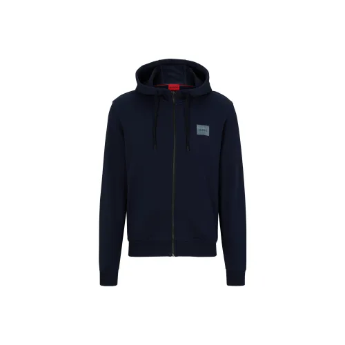 HUGO BOSS Cotton Terry Zip Up Hoodie With Flock Print Logo Jackets & Coats Men's Dark Blue