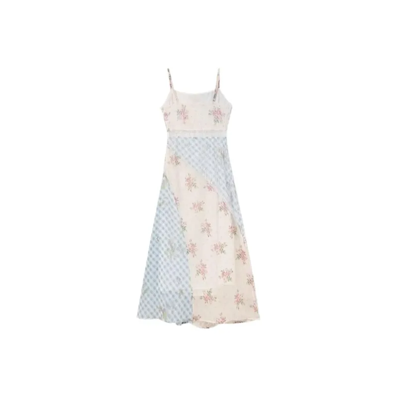 TOUCH MISS Slip Dress Women's Blue And White Plaid Floral-0