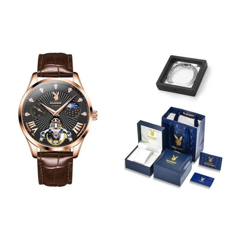 Playboy Mechanical Movement Leather Strap Watch Men's Watches Black Dial-14