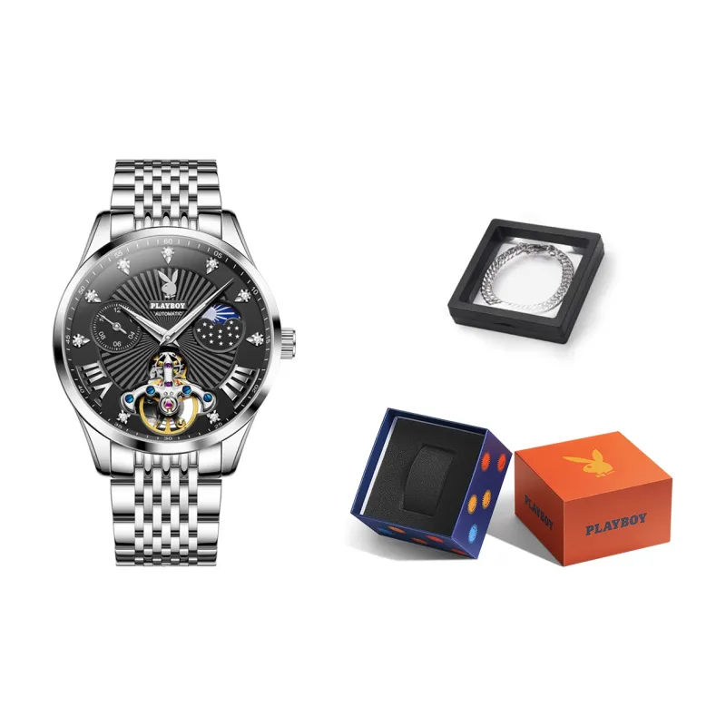 Playboy Mechanical Movement Stainless Steel Watchband Watch Men's Watches Black Dial-19