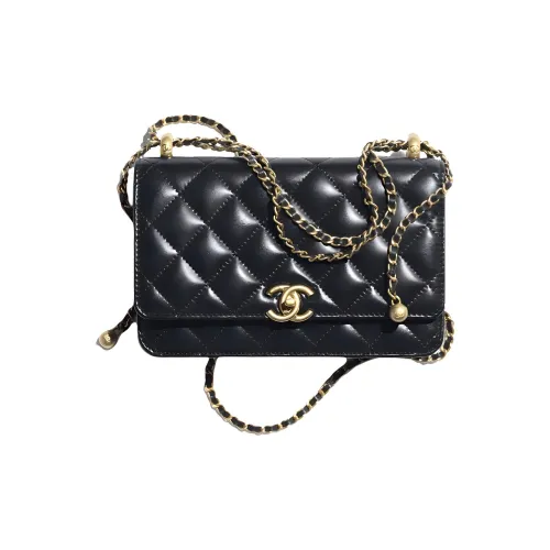 CHANEL WOC Metal Chain Calfskin Knob Closure Wallet On Chain Coin Purse Crossbody Bag Shoulder Bag Women's Black