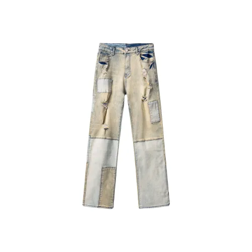 Loose White & Blue Ripped Print Jeans