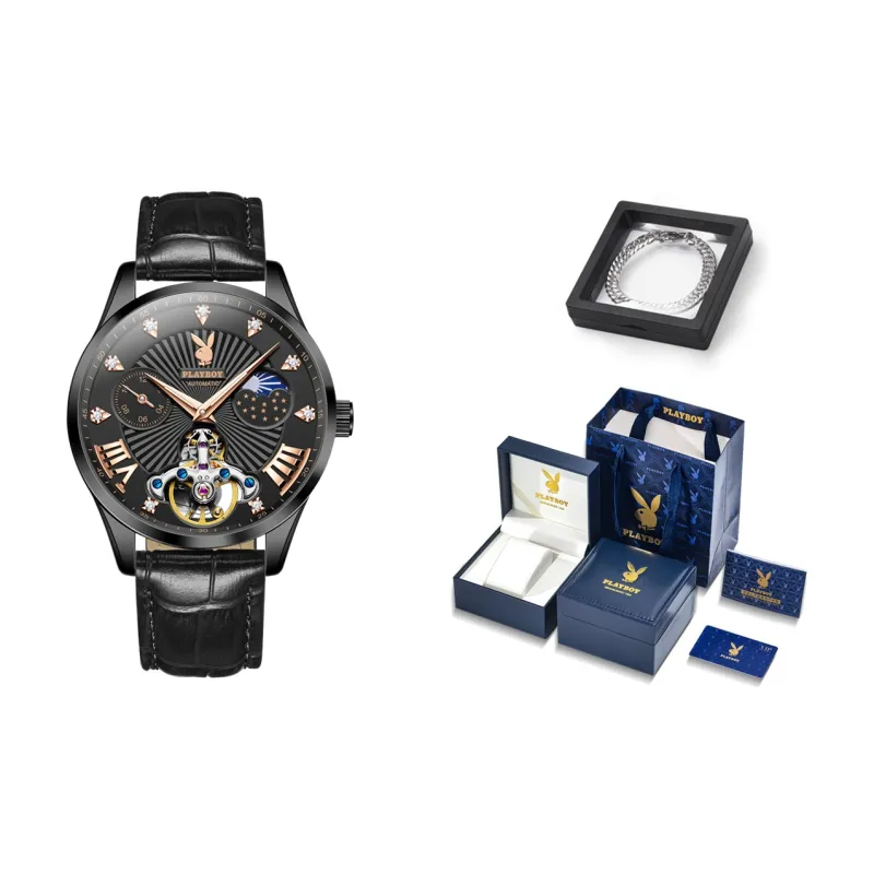 Playboy Mechanical Movement Leather Strap Watch Men's Watches Black Dial-5
