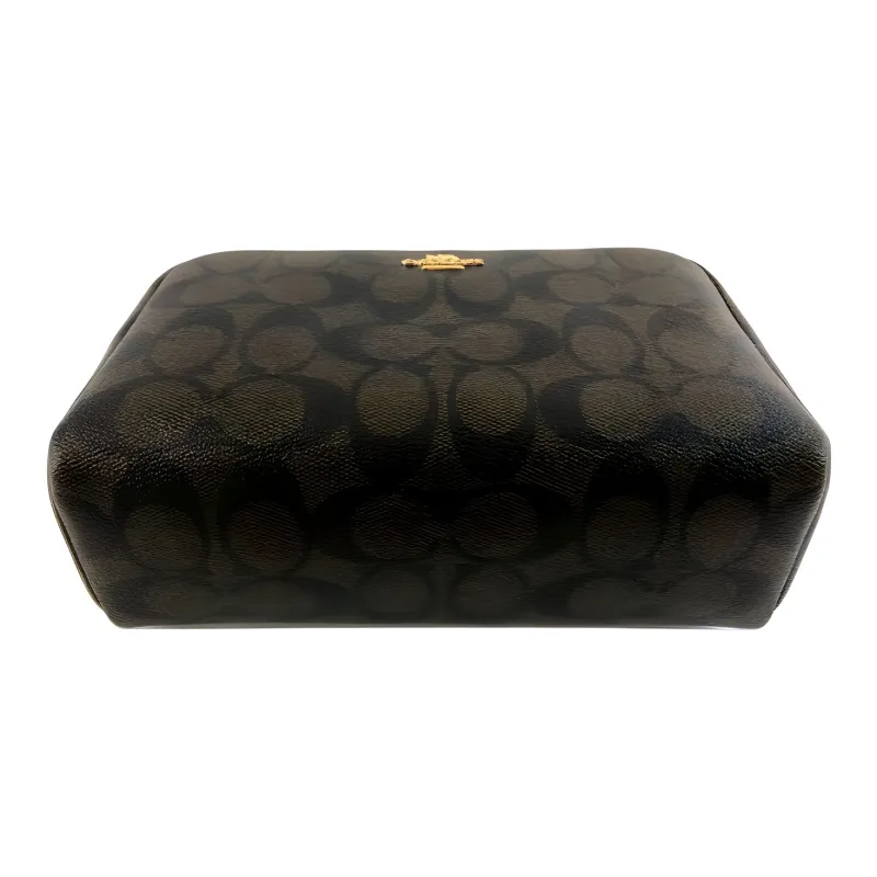 COACH Boxy Canvas With Leather Makeup Bag, Toiletry Bag, Clutch Unisex Dark Brown-2