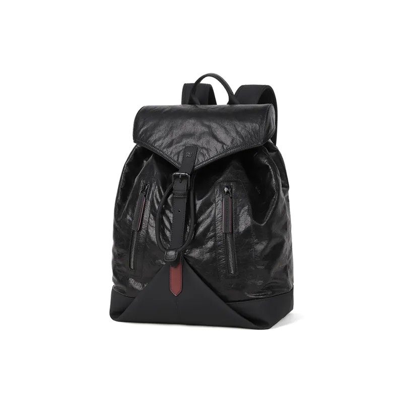 PIERRE CARDIN Cow Leather Patchwork With Synthetic Leather And Fabric Backpack Large Size Men's Black-2