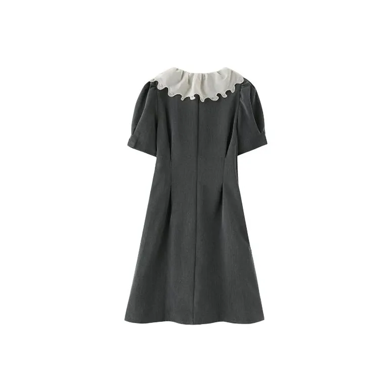 TIBINB Short Sleeved Dress Women's Gray Diamond Collar-1
