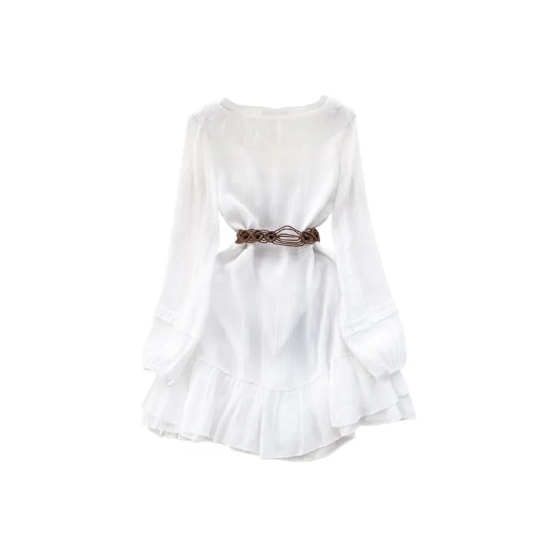 GUOZHEN Long Sleeved Dress Women's White-1