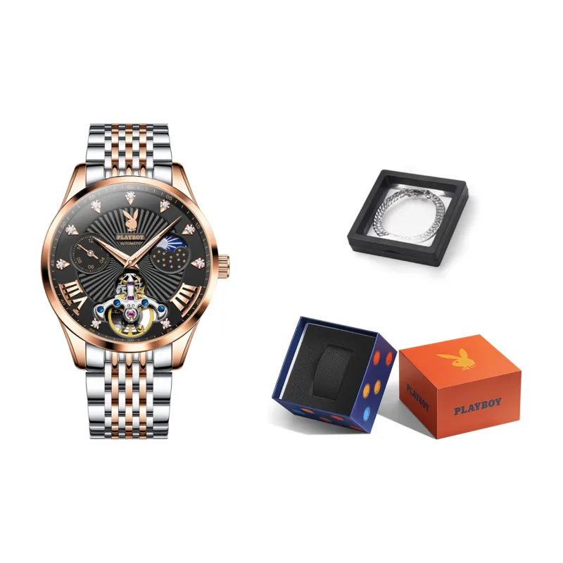 Playboy Mechanical Movement Stainless Steel Watchband Watch Men's Watches Black Dial-22