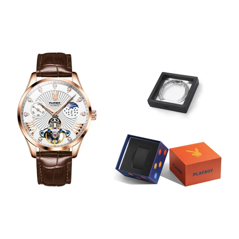 Playboy Mechanical Movement Leather Strap Watch Men's Watches Black Dial-21
