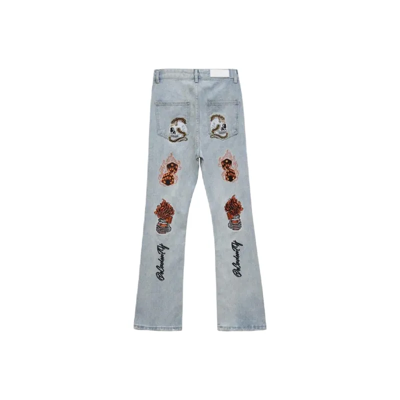 WELTER EXPERIMENT American Luxury Streetwear Hip Hop Style Distressed Funny Pattern Mid Rise Bootcut Jeans Unisex-11