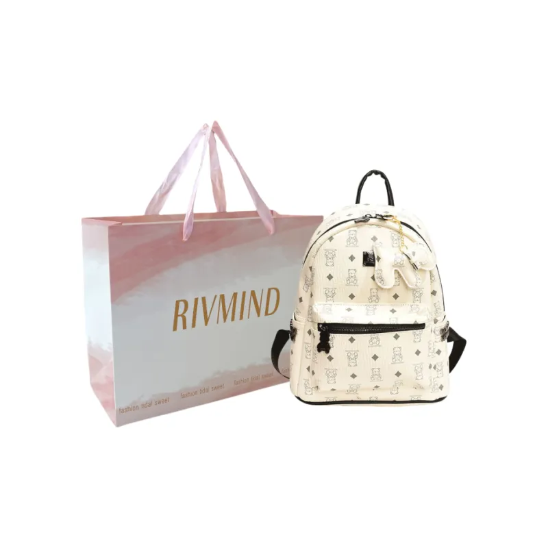 RIVMIND Synthetic Leather Backpack Tubas Women's Ecru/Brown/Black-24