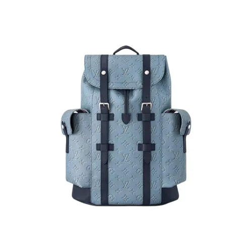 LOUIS VUITTON Leather Trim Backpack Medium Size Men's Blue