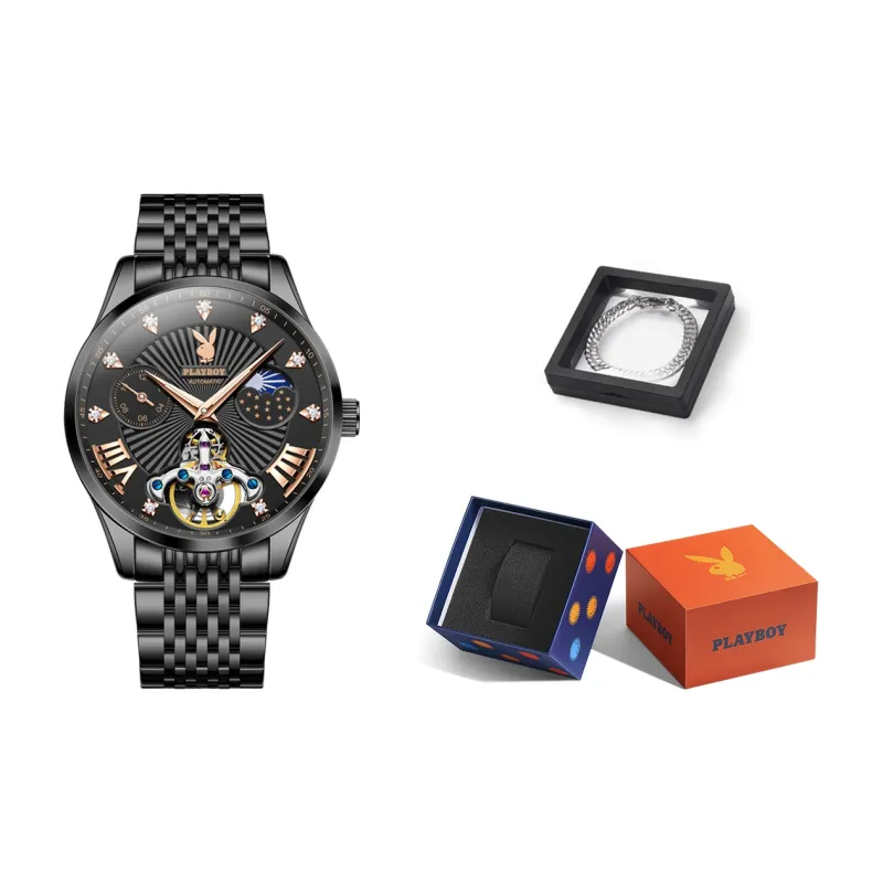 Playboy Mechanical Movement Stainless Steel Watchband Watch Men's Watches Black Dial-20