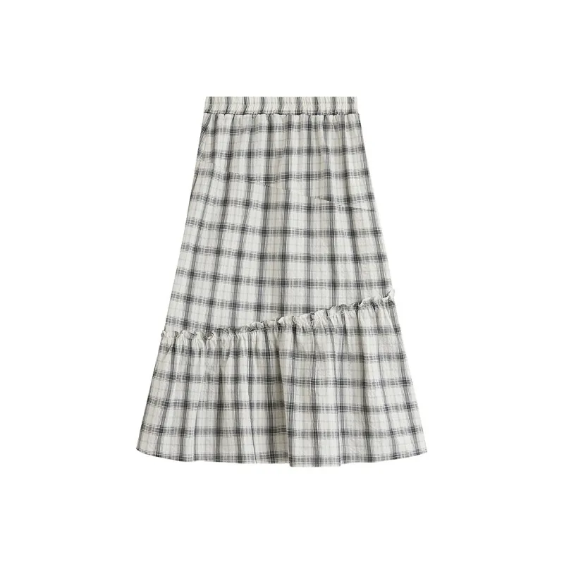 Inman Casual Long Skirt Women's Black White Plaid-1