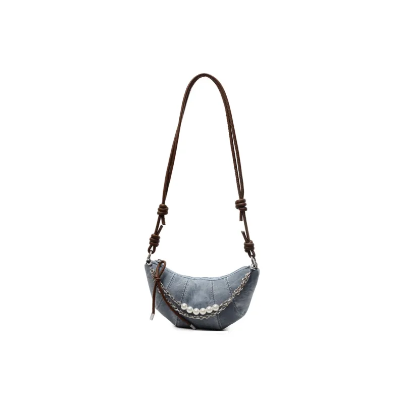 Single Warehouse PU Handheld Shoulder Bag Regular Women's Denim Blue/Dark Tea/Ecru-0