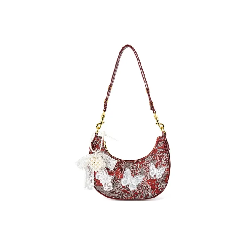 Vigno Synthetic Leather One Shoulder Crescent Bag Regular Women's Red/Ecru-1