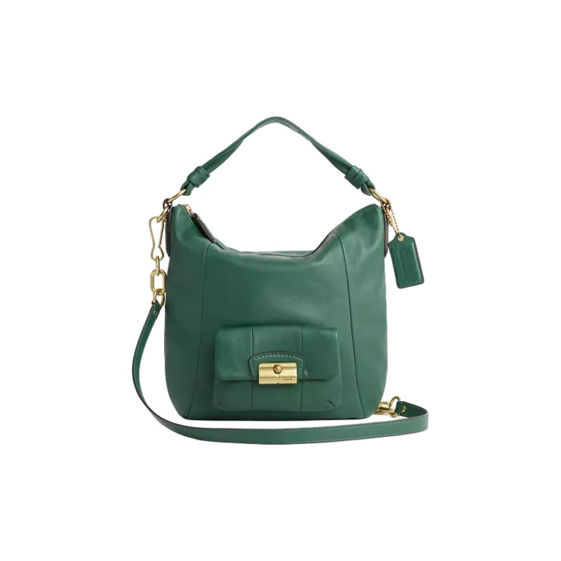 COACH Kristin Leather Shoulder Bag Crossbody Bag Handbag Large Size Unisex Brass With Emerald Accents-0