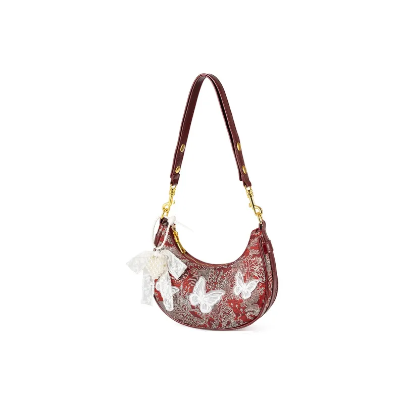 Vigno Synthetic Leather One Shoulder Crescent Bag Regular Women's Red/Ecru-2