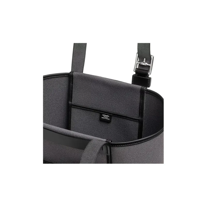 HERMES Etriviere Pocket Goeland Canvas With Hunter Leather And Swift Calfskin One Shoulder Handbag Men's Gray & Black-3