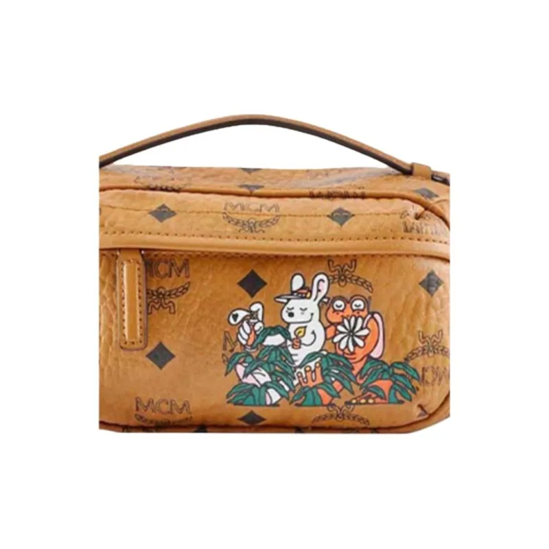 MCM Aka Boku Klassik Visetos Textile, Leather Crossbody Handbag Small Size Women's Cognac-4