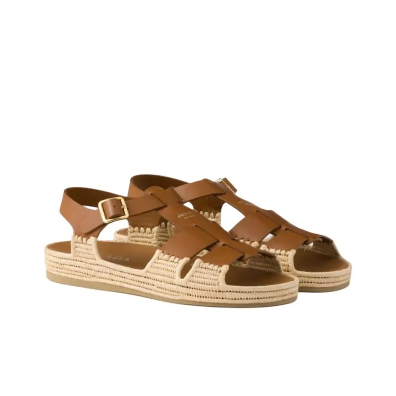 PRADA Leather One Strap Sandals Women's Brown-2