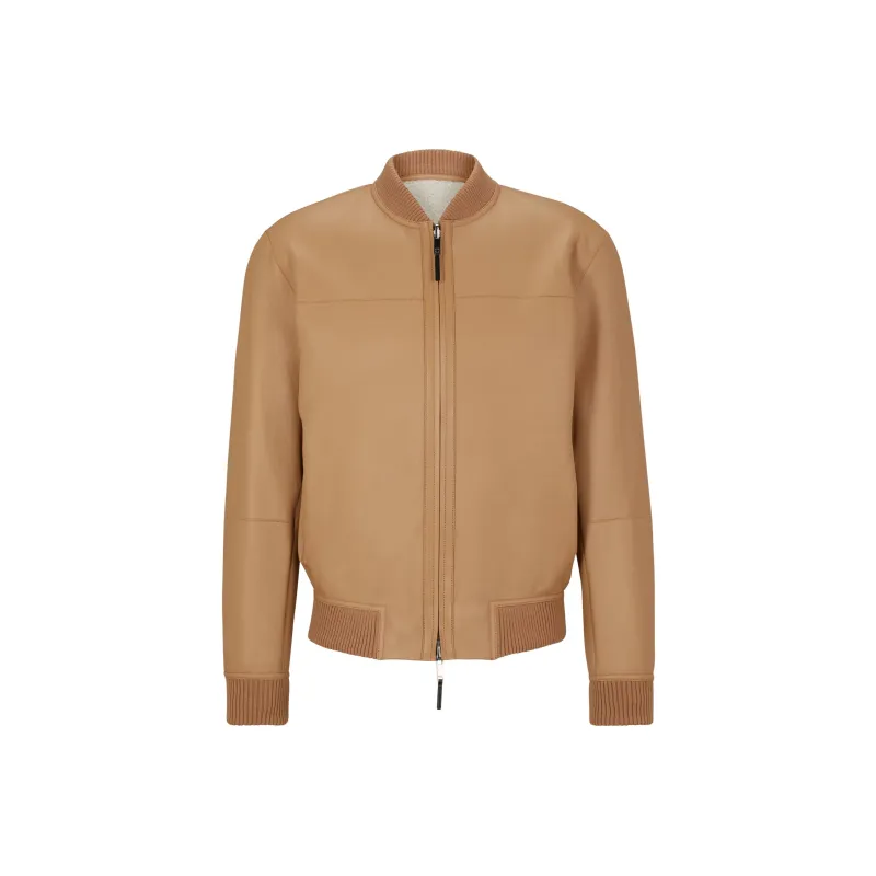 HUGO BOSS Reversible Zip-Up Jacket In Sheepskin Jackets Coats Men's Light Brown-0