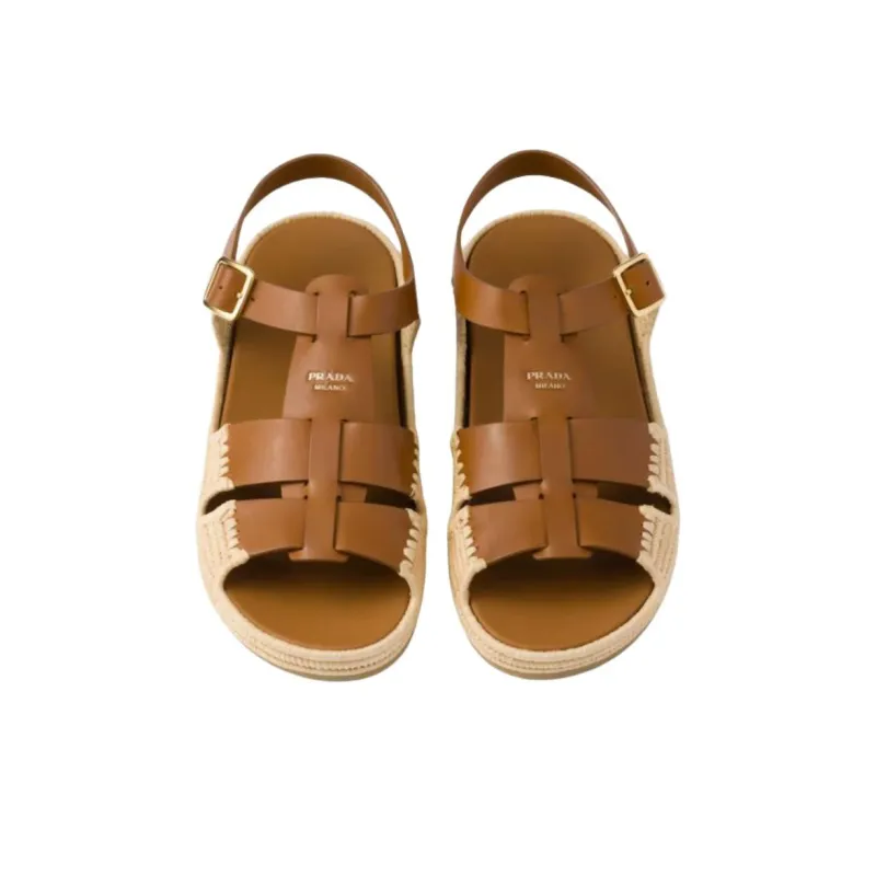 PRADA Leather One Strap Sandals Women's Brown-4