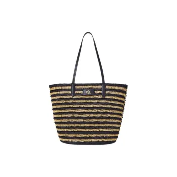LAUREN RALPH LAUREN Genuine Leather Tote Bag, Shopping Bag, Shoulder Bag Large Size Women's Natural Color & Dark Blue
