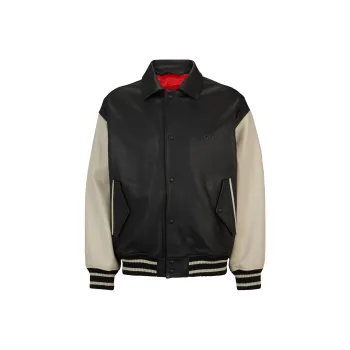 HUGO BOSS FW23 Leather Varsity Jacket With Oversized Embossed Logo Jackets Coats Men's Black