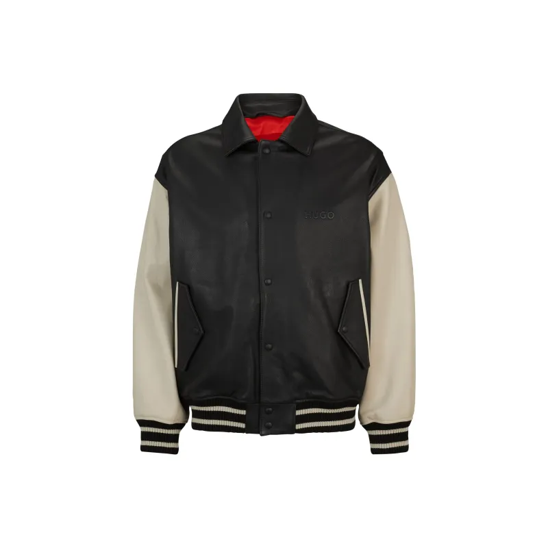 HUGO BOSS FW23 Leather Varsity Jacket With Oversized Embossed Logo Jackets Coats Men's Black-0