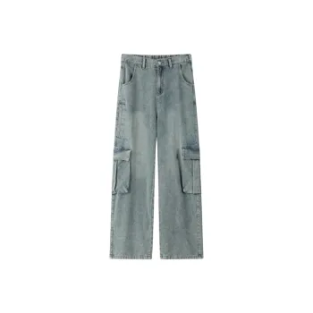 BLANC & ECLARE Large Pocket Wide Leg Draped Floor Length Jeans Unisex