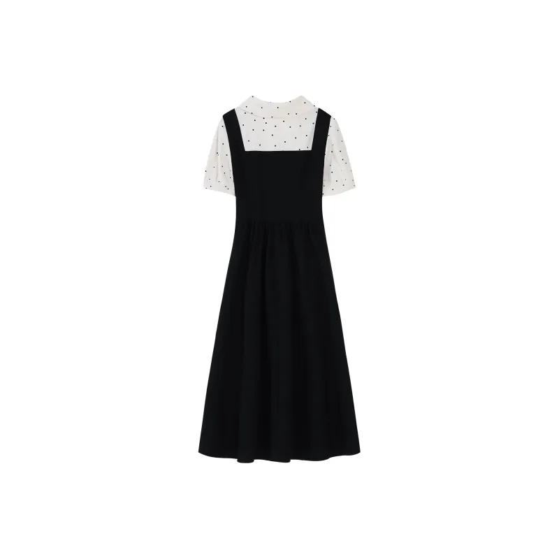 Alxnan Short Sleeved Dress Women's Black Apricot Patchwork-1