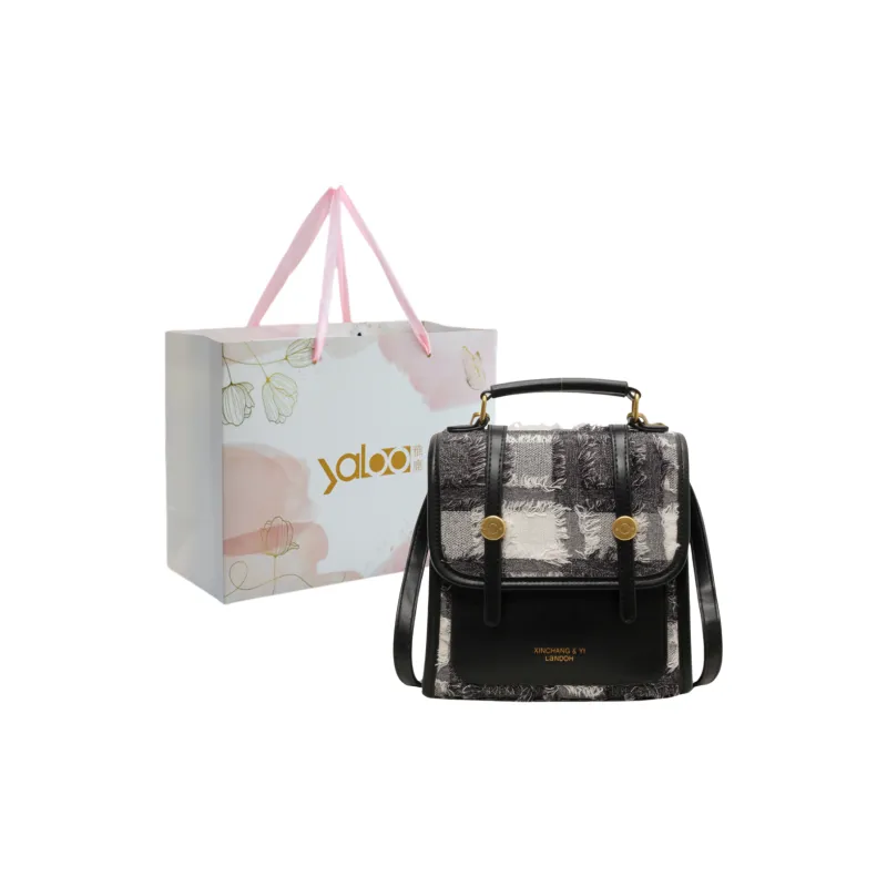 Yalu Woven/PU Backpack Unisex Black/Light Brown/Black And White Plaid-12