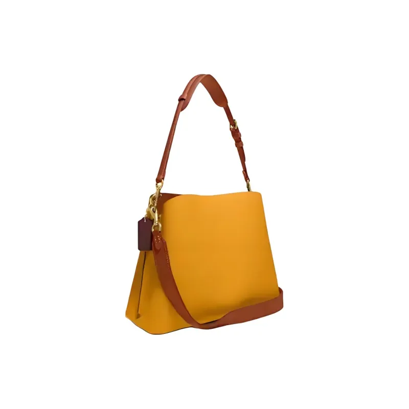 COACH Willow Polished Pebble Leather Tote Bag, Shopping Bag, Handbag, Shoulder Bag Women's Yellow/Brown-1