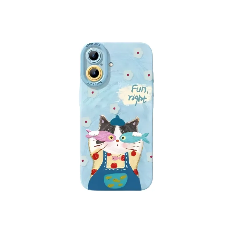 Sopi Silicone Material Oil Painting Kitten Catching Fish Phone Cases Compatibility With IPhone 16/15/13/14/Pro/Max-0
