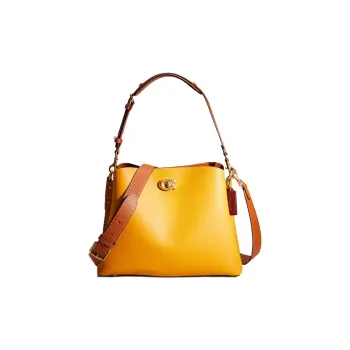 COACH Willow Polished Pebble Leather Tote Bag, Shopping Bag, Handbag, Shoulder Bag Women's Yellow/Brown