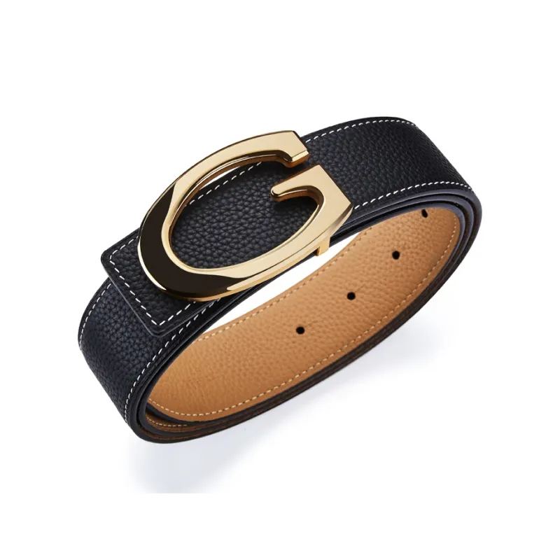 Jeccieziio Cow Leather Smooth Buckle Belt Men's Gunmetal, Gold, Silver Width 3.5CM-6