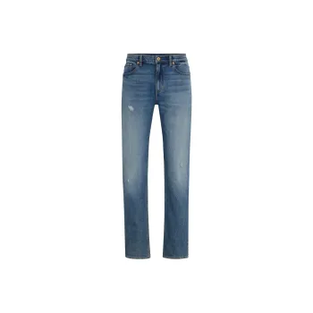 HUGO BOSS Slim-Fit Jeans In Mid-Blue Distressed Stretch Denim Jeans Men's Blue