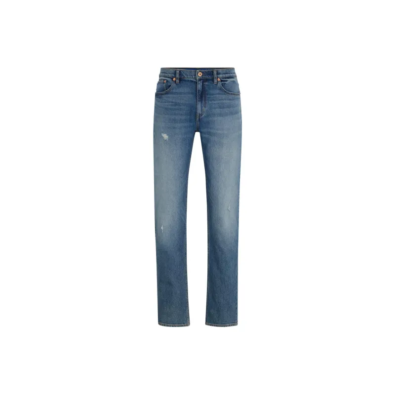 HUGO BOSS Slim-Fit Jeans In Mid-Blue Distressed Stretch Denim Jeans Men's Blue-0