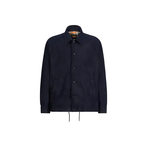 HUGO BOSS Checked-Lining Jacket In Wrinkle-Effect Rigid Blue Denim Jackets Coats Men's Blue