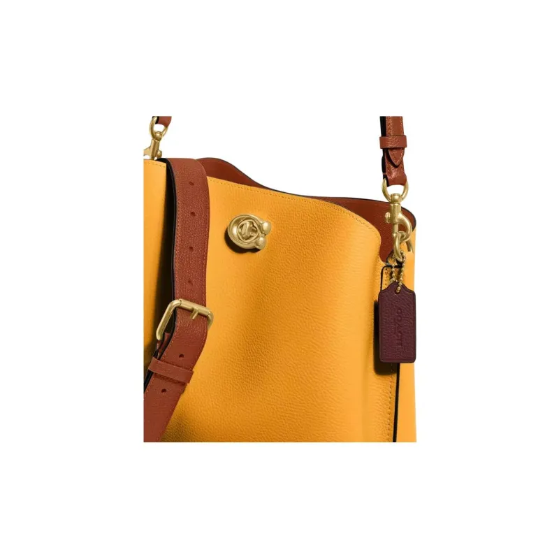 COACH Willow Polished Pebble Leather Tote Bag, Shopping Bag, Handbag, Shoulder Bag Women's Yellow/Brown-3