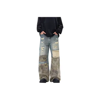 BLANC & ECLARE Camouflage Irregular Design Ripped Loose Fit Mid Rise Straight Fit Jeans Unisex Blue