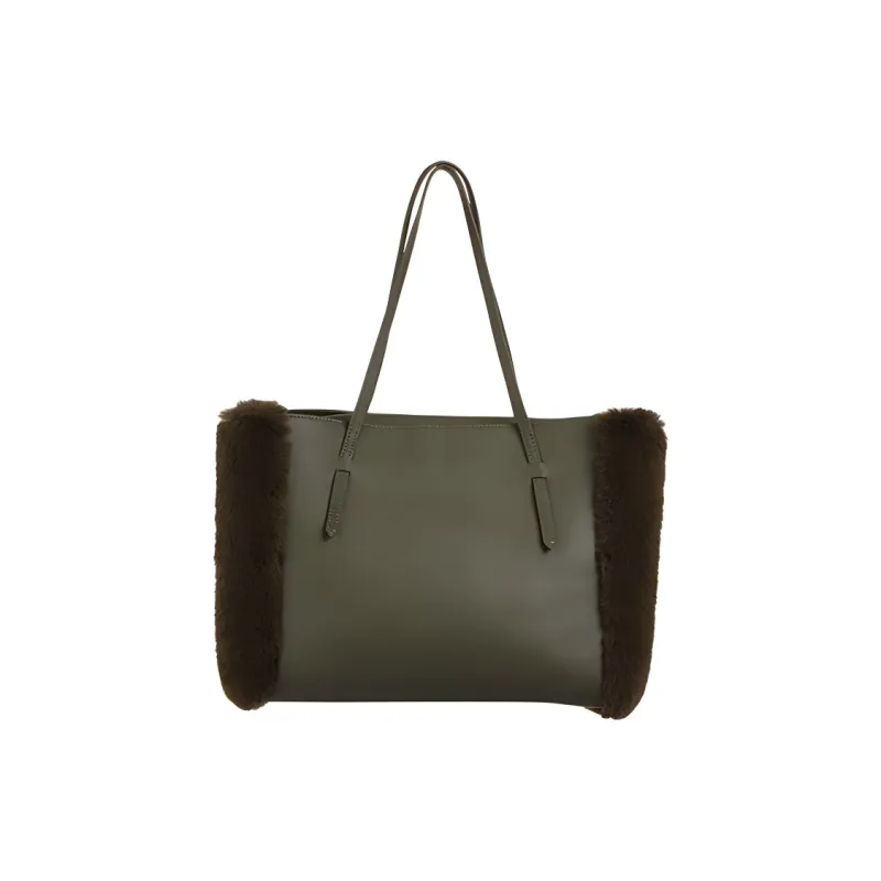 IRIDESCENCE Artificial Mink Wool With Cow Leather Tote One Shoulder Handbag Women's Olive Green-1