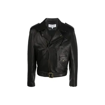 LOEWE Zip Up Long Sleeved Leather Biker Jacket