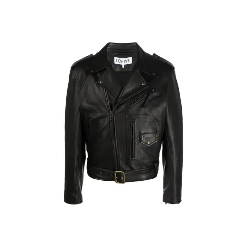 LOEWE Zip Up Long Sleeved Leather Biker Jacket