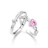 999 Fine Silver-Sweetheart Knot Couple Rings, Pink Zircon