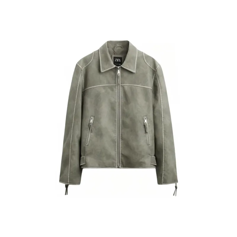ZARA Leather Jacket Men's Green-0